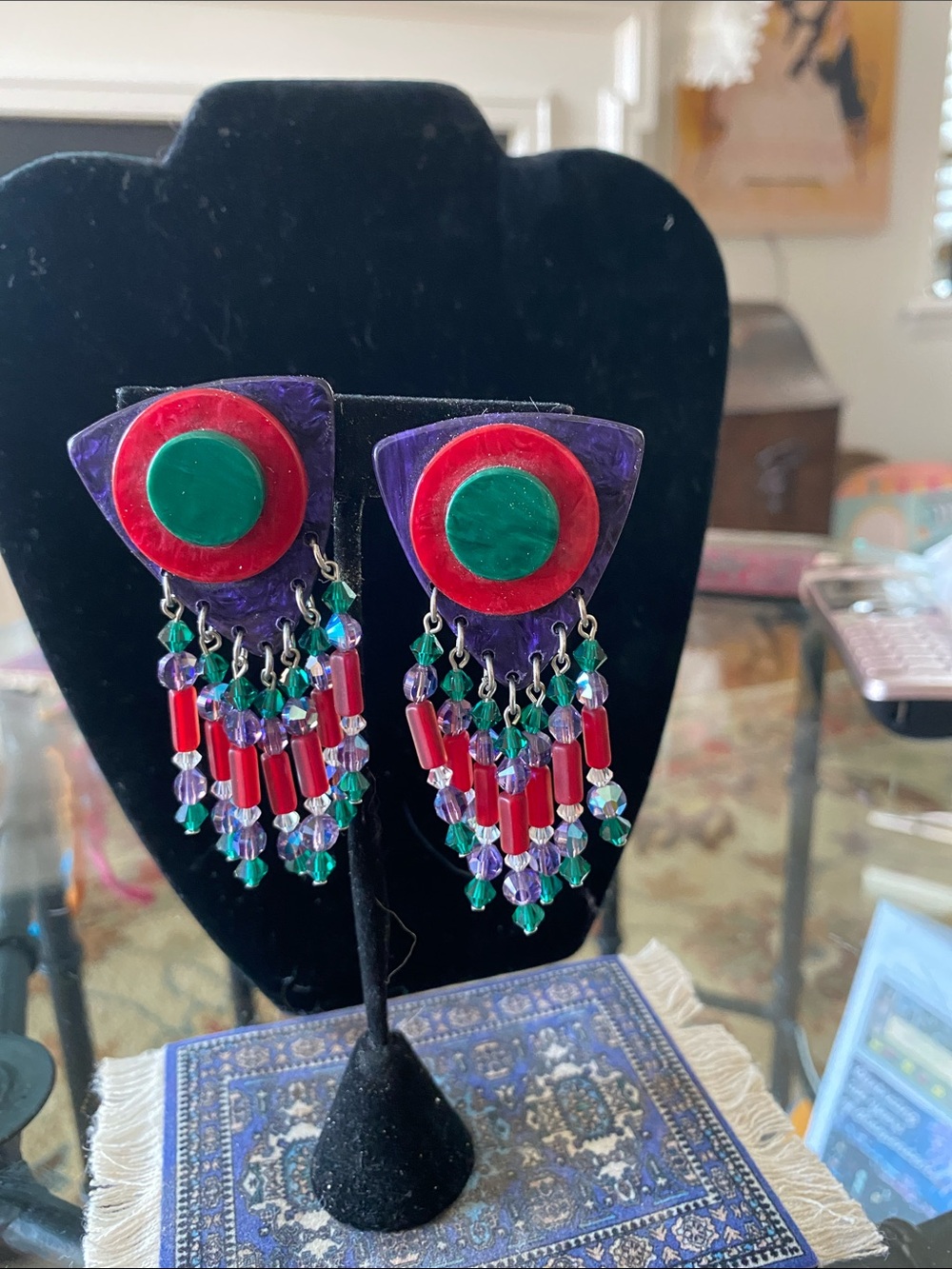 Colorful Beaded Dangle Earrings - Red, Green & Purple